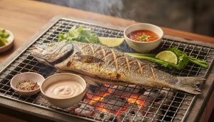 Pescado a la parrilla: binchotán, salmuera seca y salsas nikkei